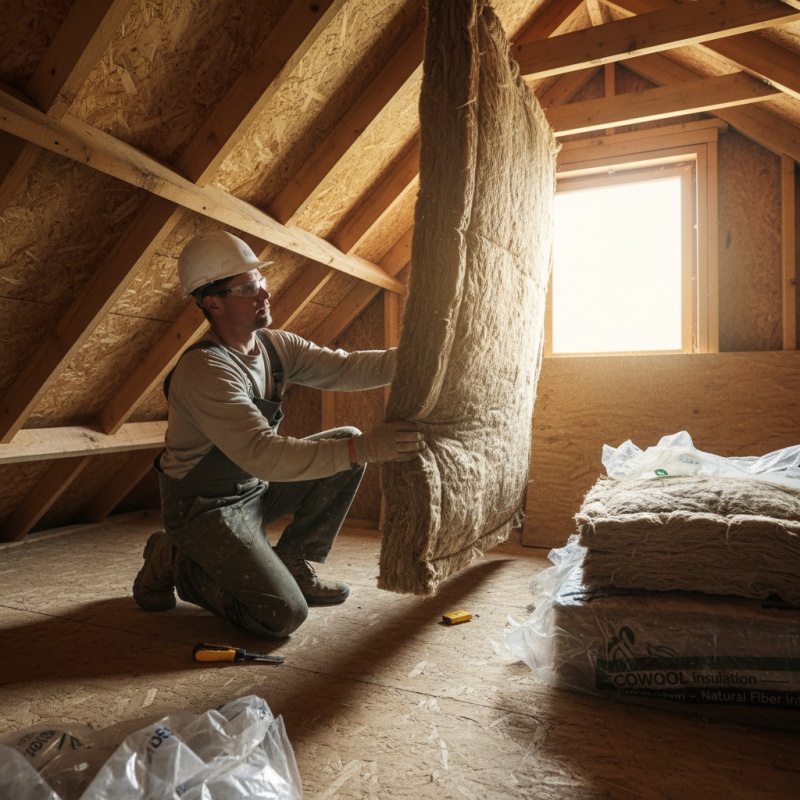 Artisan RGE posant un isolant biosourcé lors de travaux de rénovation énergétique.