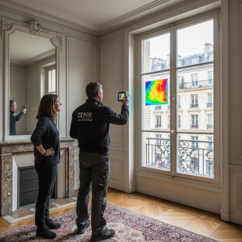 Audit énergétique d'un appartement : analyse des déperditions de chaleur d'une fenêtre par un technicien RGE