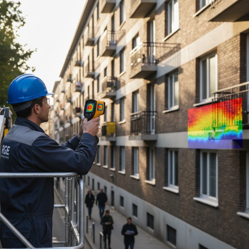 Auditeur RGE réalisant une thermographie sur la façade d'un grand immeuble en copropriété.