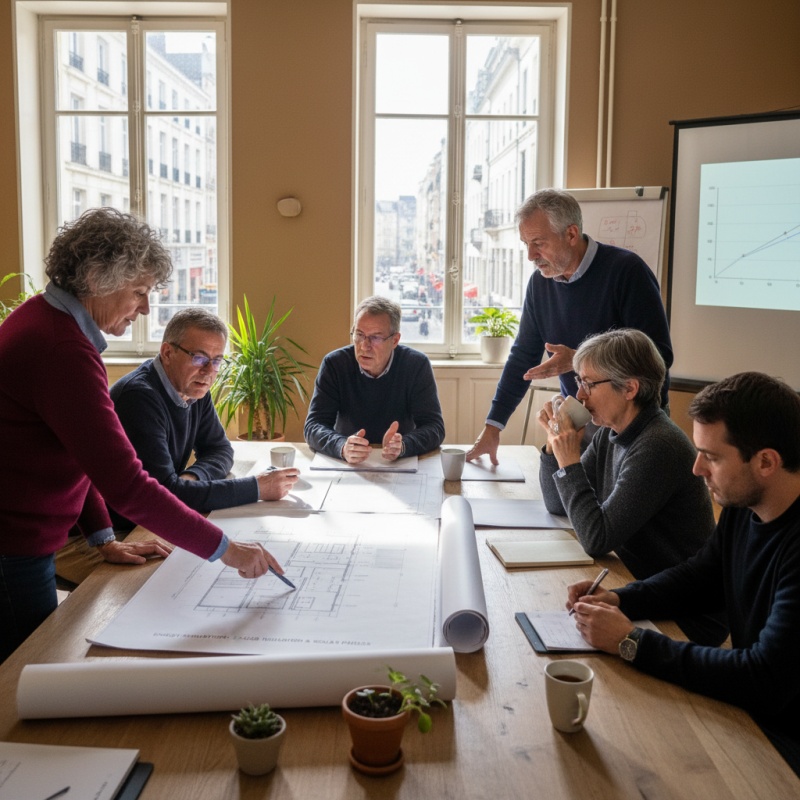 Conseil syndical d'une grande copropriété étudiant les scénarios de travaux d'un audit énergétique.