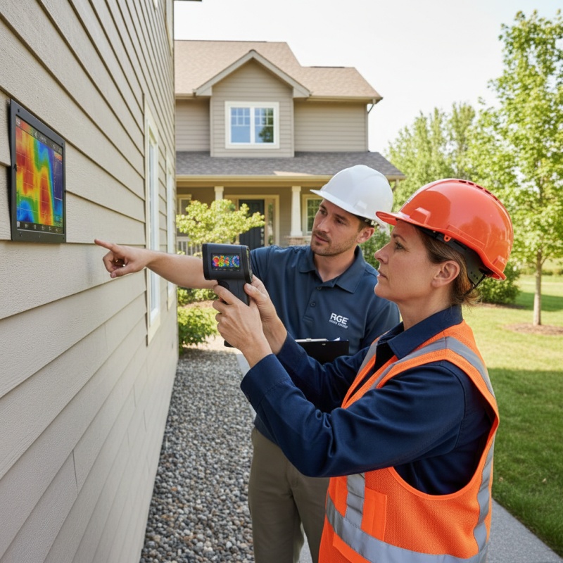 Auditeur RGE réalisant une analyse par thermographie sur la façade d'une maison individuelle