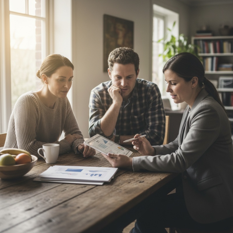 Couple de propriétaires consultant le rapport d'audit énergétique avec un conseiller Audit Rénovation