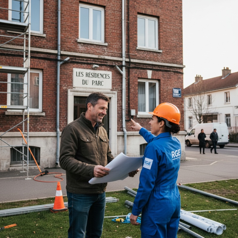 Propriétaire unique discutant de l'audit énergétique de son immeuble avec un expert RGE