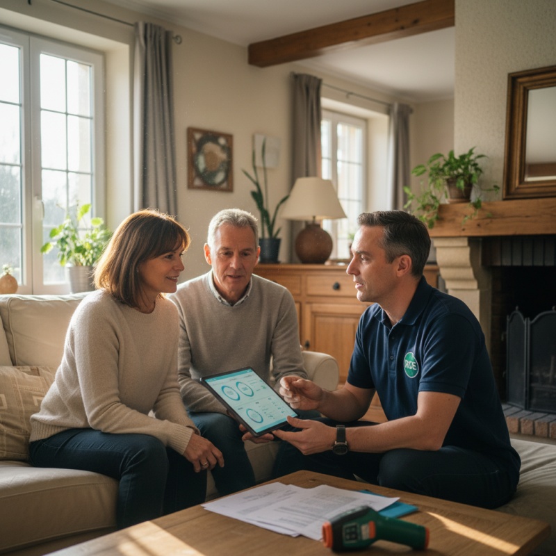 Technicien RGE expliquant le rapport d'audit énergétique obligatoire à un couple de propriétaires.