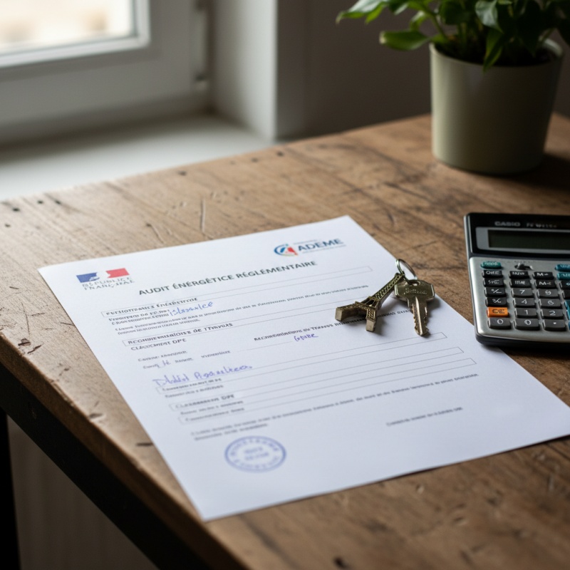Rapport d'audit énergétique obligatoire posé sur un bureau à côté de clés de maison.