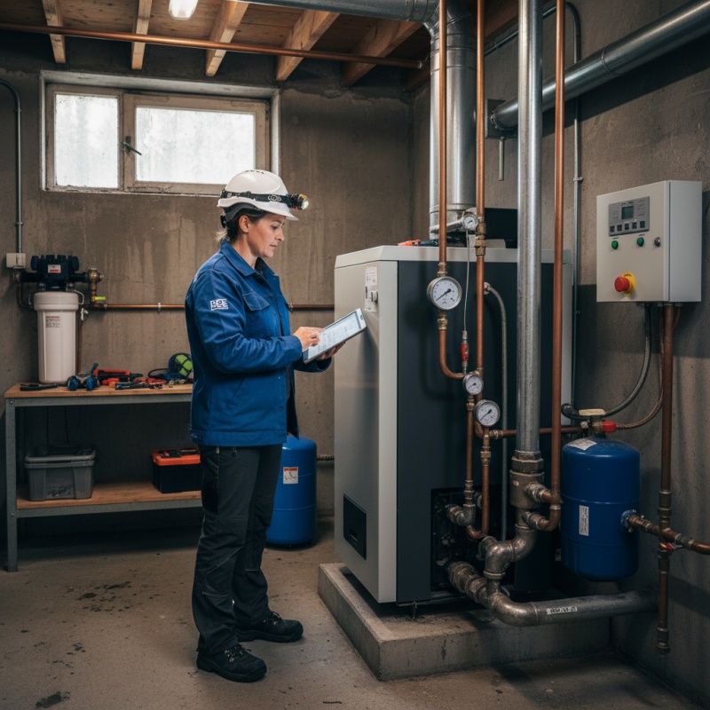 Auditeur RGE qualifié réalisant un audit énergétique réglementaire dans une chaufferie.