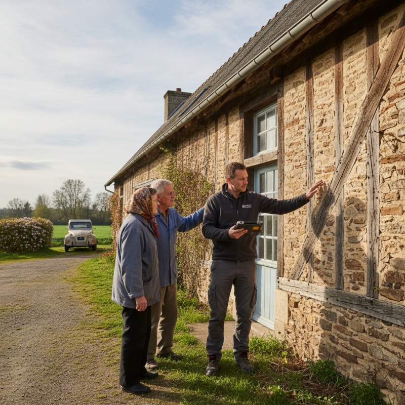 Technicien RGE réalisant un audit énergétique sur une longère traditionnelle en Loire-Atlantique.