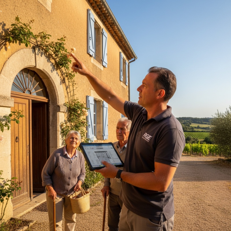 Technicien RGE réalisant un audit énergétique sur une maison typique à Narbonne.