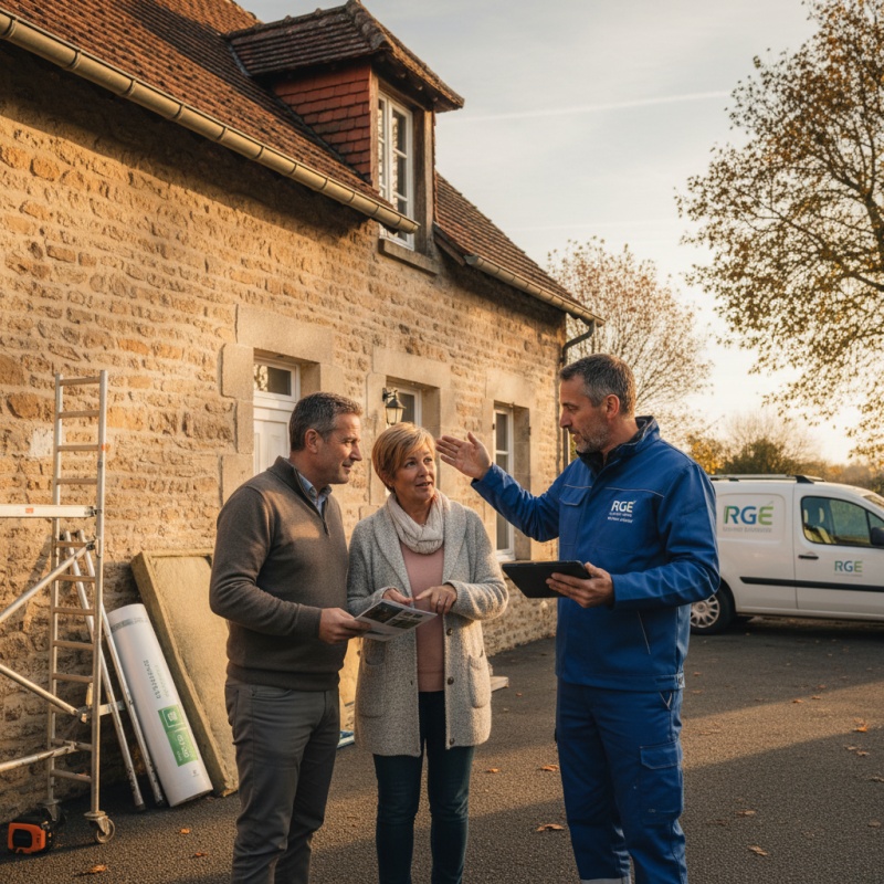 Technicien RGE expliquant les travaux de rénovation éligibles aux CEE à un couple de propriétaires devant leur maison