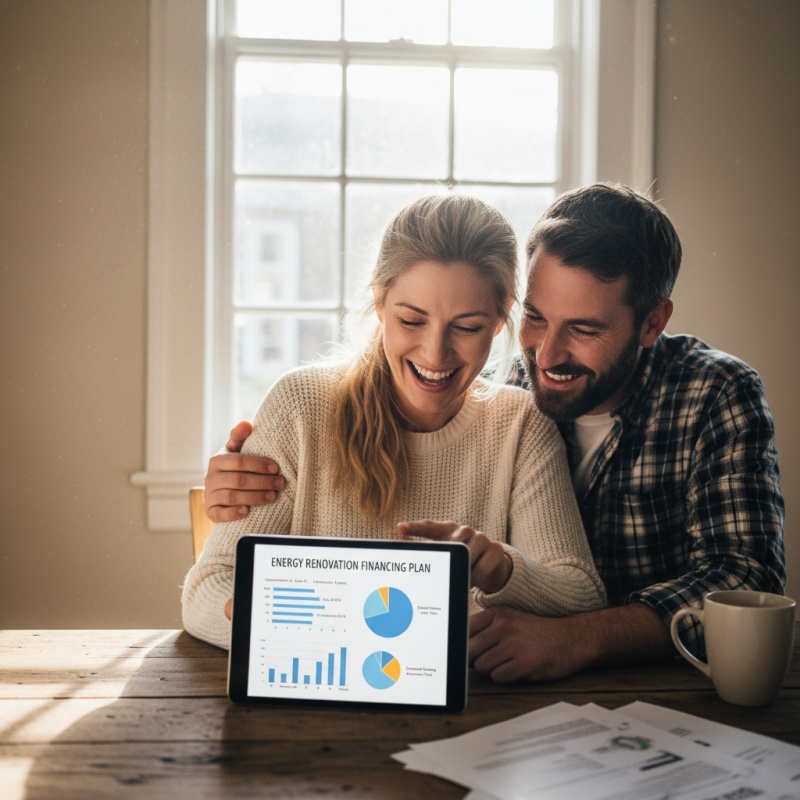 Couple souriant examinant un plan de financement de rénovation énergétique sur une tablette avec des graphiques d'aides financières