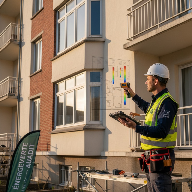 Technicien RGE réalisant un DPE collectif sur la façade d'un immeuble en copropriété