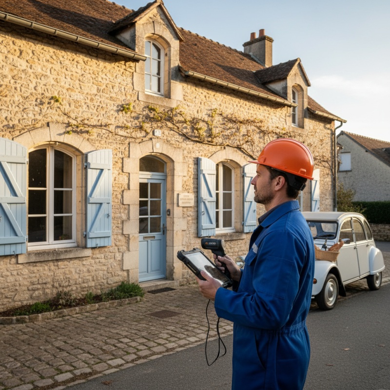 Diagnostiqueur RGE réalisant un DPE collectif sur la façade d'une petite copropriété de moins de 50 lots.