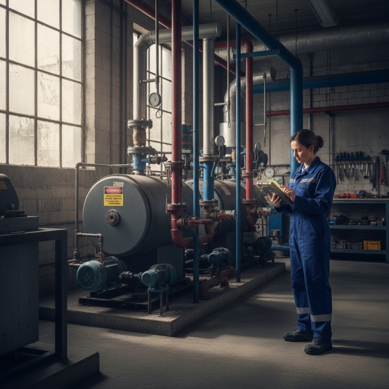 Technicien RGE réalisant un DPE collectif dans la chaufferie d'un immeuble