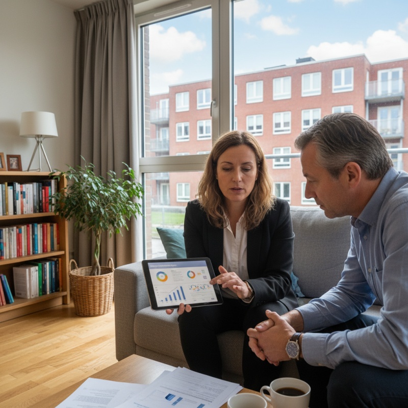 Diagnostiqueur expliquant les résultats d'un DPE avec mention copropriété à un propriétaire d'appartement.