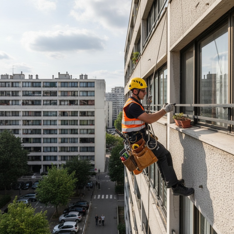 Expert réalisant l'analyse technique de la façade d'un immeuble de copropriété à Boulogne-Billancourt pour un DTG.