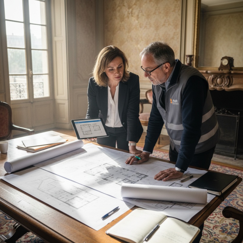 Syndic de copropriété discutant du plan pluriannuel de travaux (PPT) avec un expert d'Audit Rénovation à Boulogne-Billancourt.