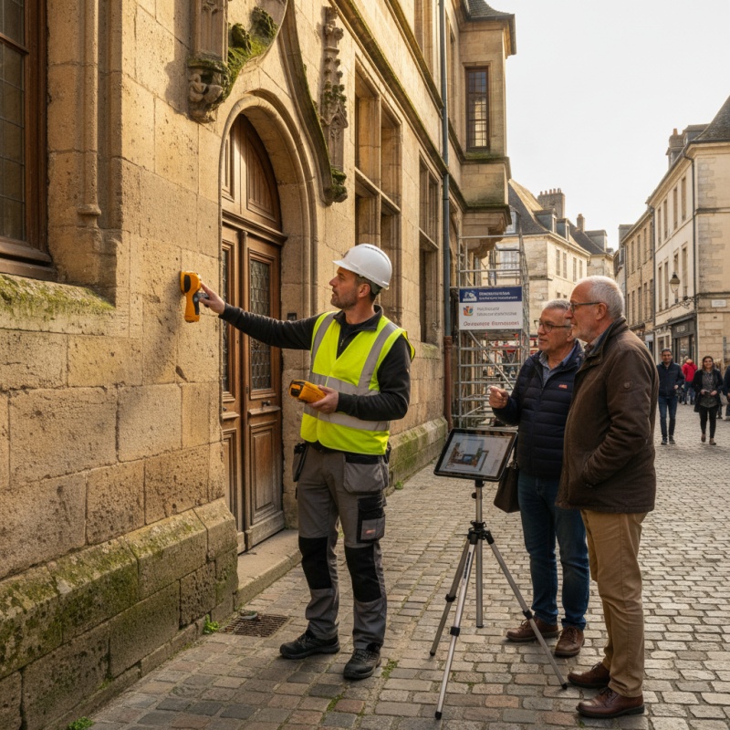 Expert réalisant un DTG sur un immeuble ancien en pierre à Figeac