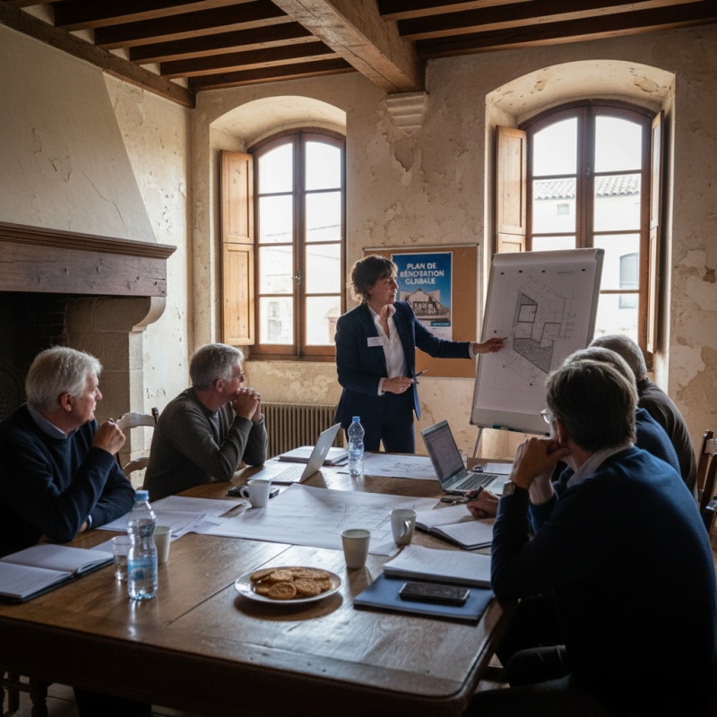 Syndic de copropriété à Figeac discutant du plan de travaux DTG avec un expert
