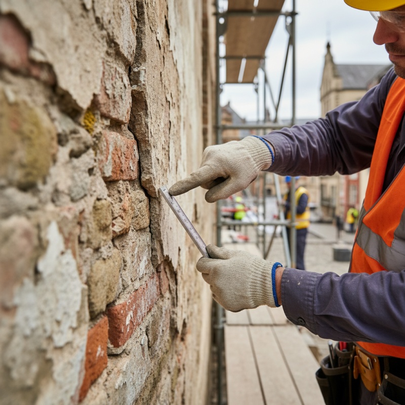 Expert en DTG montrant une fissure sur un mur d'immeuble à Montreuil