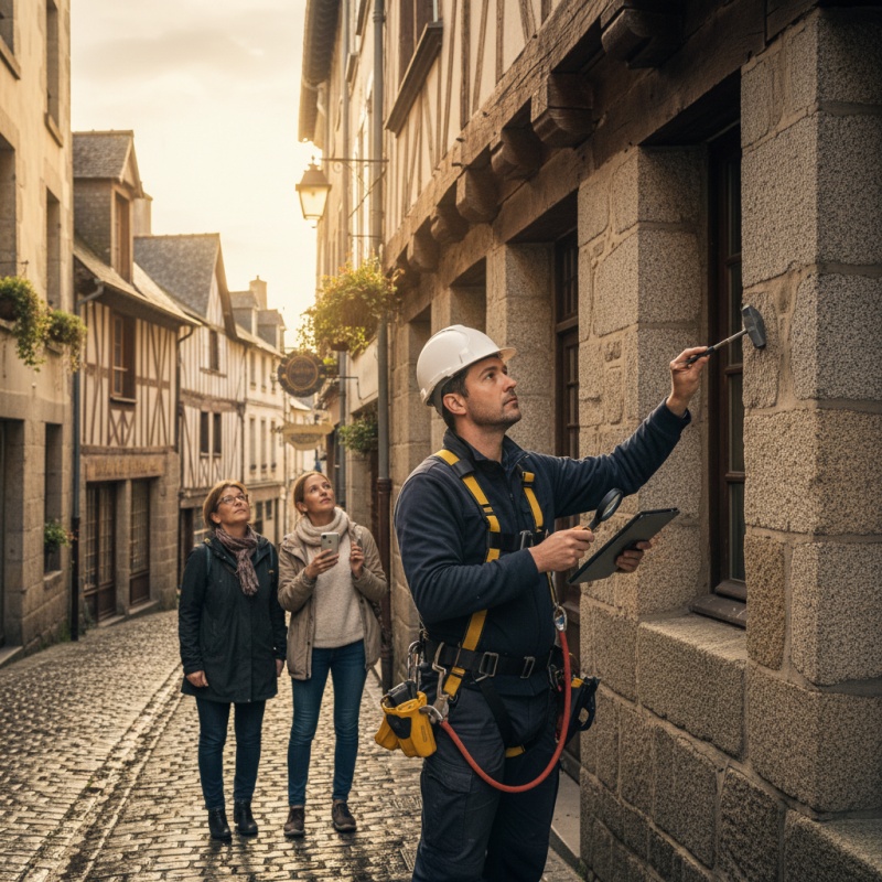 Expert réalisant un diagnostic technique global (DTG) sur une façade historique à Vannes