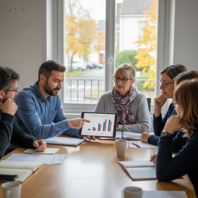 Syndic de copropriété présentant un Plan Pluriannuel de Travaux sur tablette à un copropriétaire.