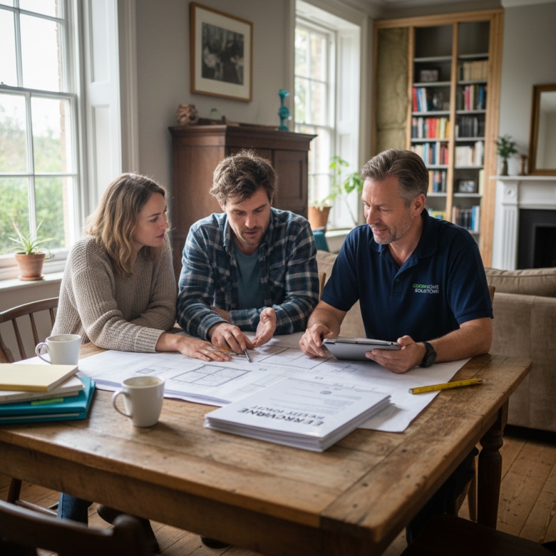 Couple choisissant un scénario de travaux de rénovation énergétique grâce à un audit.
