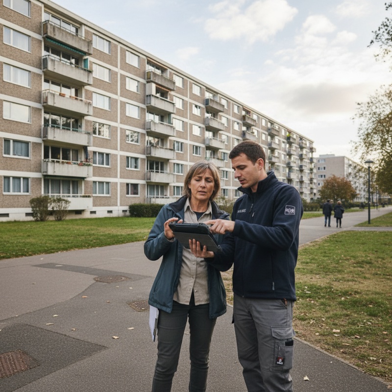 Technicien RGE et syndic de copropriété discutant des résultats d'un diagnostic devant un immeuble.