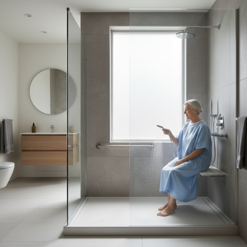Personne âgée utilisant une douche sécurisée financée par Ma Prime Adapt'