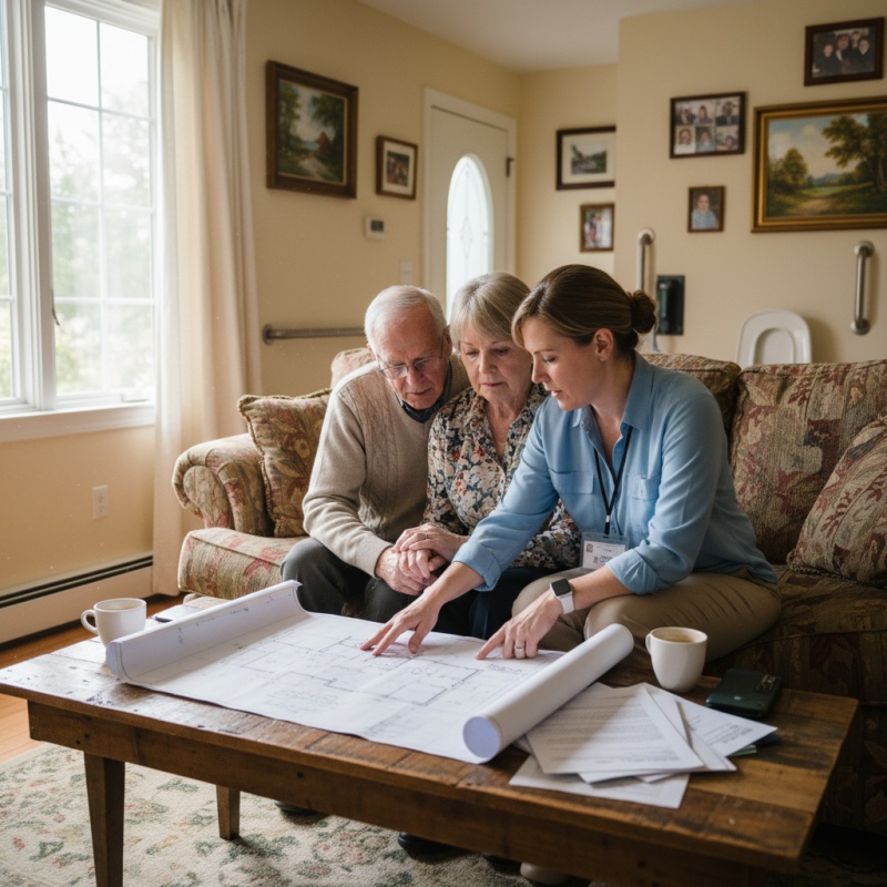 Couple de seniors préparant leur dossier Ma Prime Adapt' avec un accompagnateur agréé