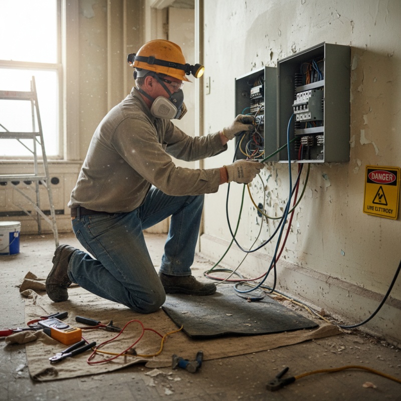 Artisan réalisant la mise aux normes électriques financée par l'ANAH