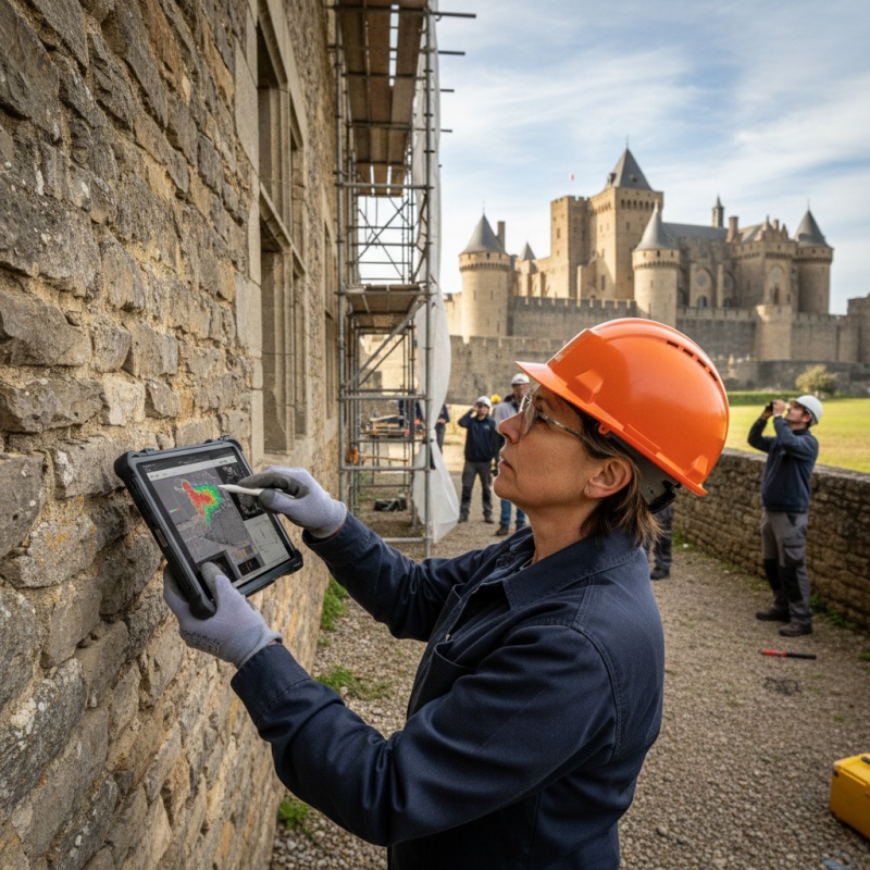 Expert Mon Accompagnateur Rénov' réalisant une analyse technique d'une maison ancienne à Carcassonne.