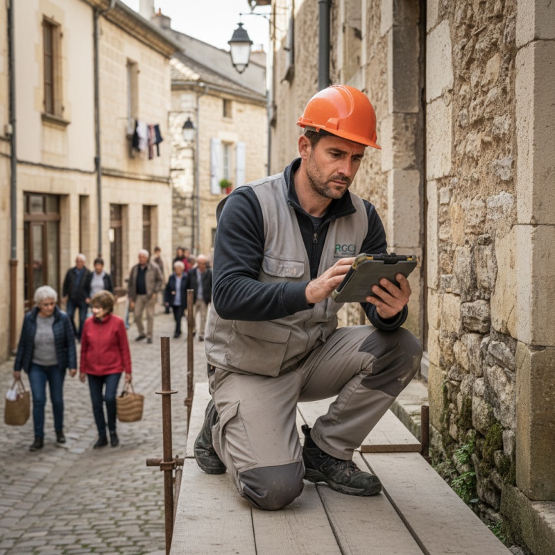 Technicien RGE réalisant un diagnostic énergétique sur une maison en pierre à Caylus