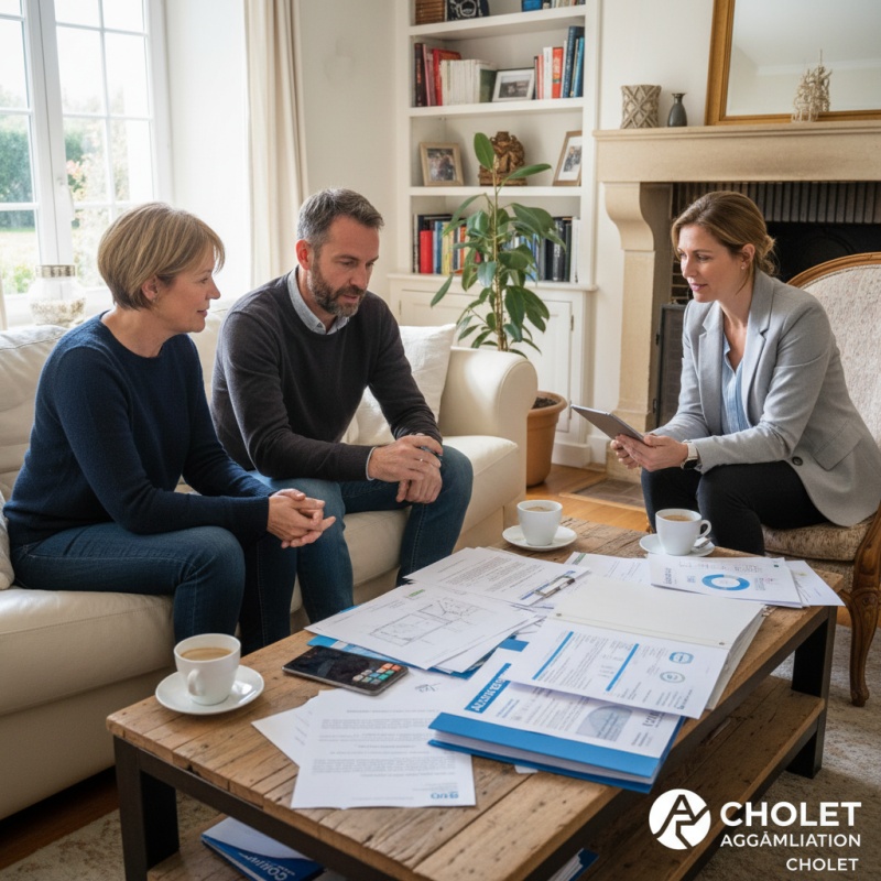 Conseiller France Rénov' expliquant les aides financières à un couple à Cholet, Maine-et-Loire