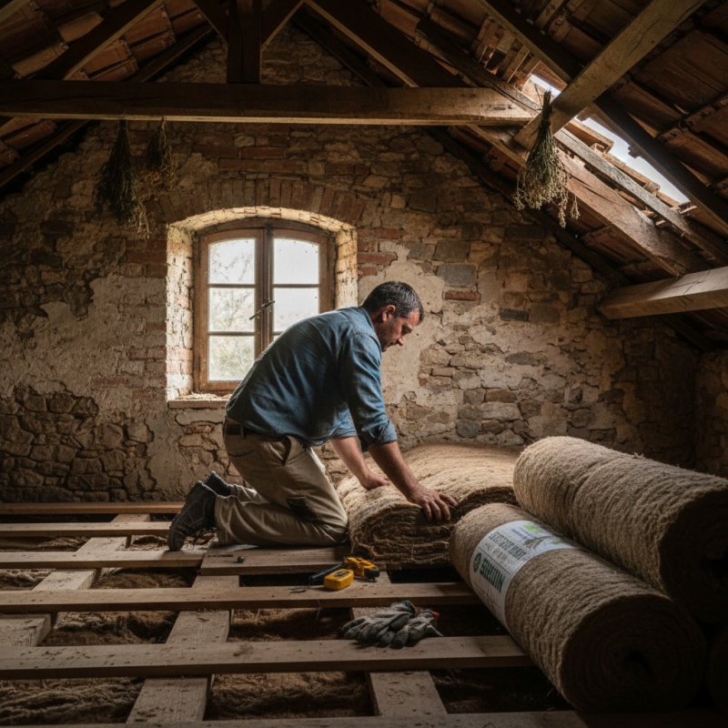 Artisan RGE partenaire d'Audit Rénovation installant un isolant biosourcé dans le Tarn-et-Garonne