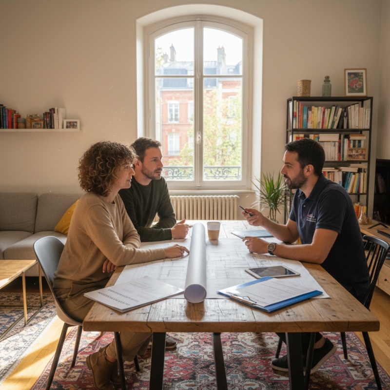 Couple de propriétaires à Montreuil en rendez-vous avec leur Mon Accompagnateur Rénov'.