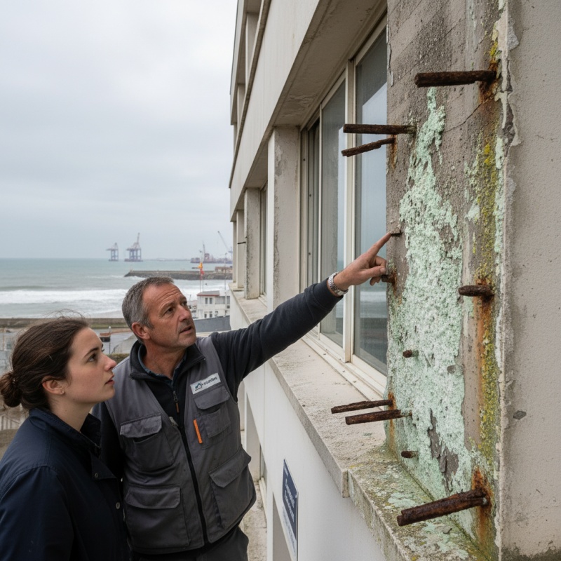 Expert Mon Accompagnateur Rénov' analysant une façade à Saint-Nazaire face aux défis du climat côtier.