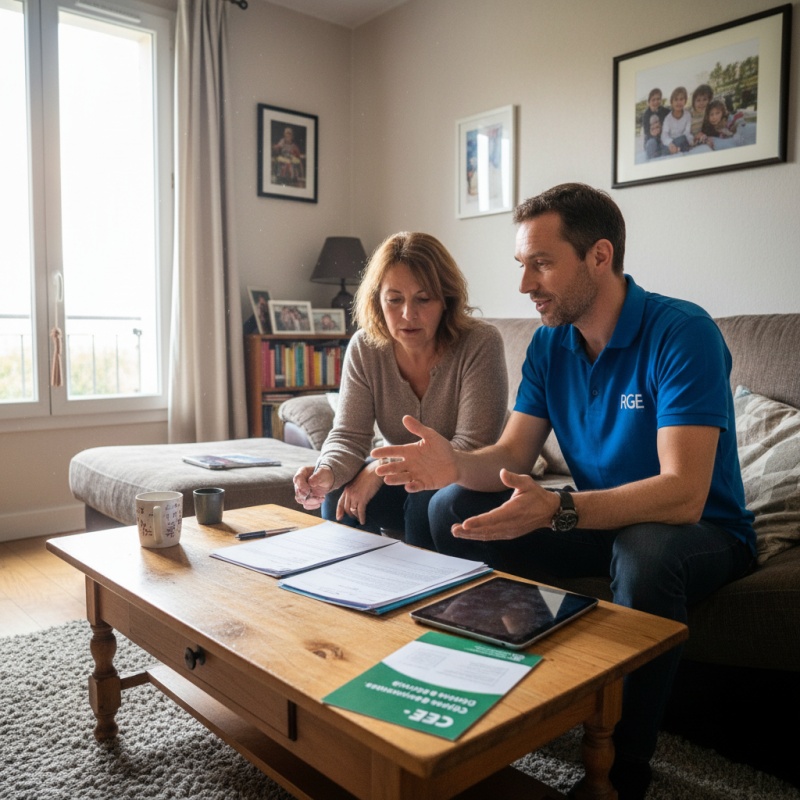 Expert RGE expliquant le fonctionnement de la Prime Énergie CEE 2025 à un couple.