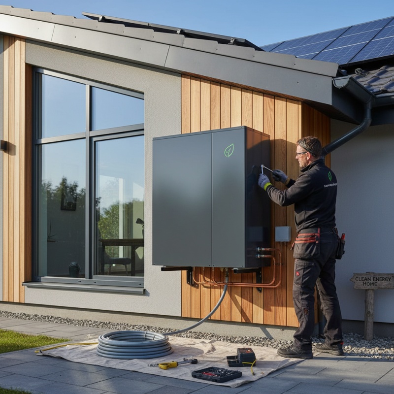 Installateur RGE finalisant la pose d'une pompe à chaleur, un des travaux phares de la Prime Énergie 2025.