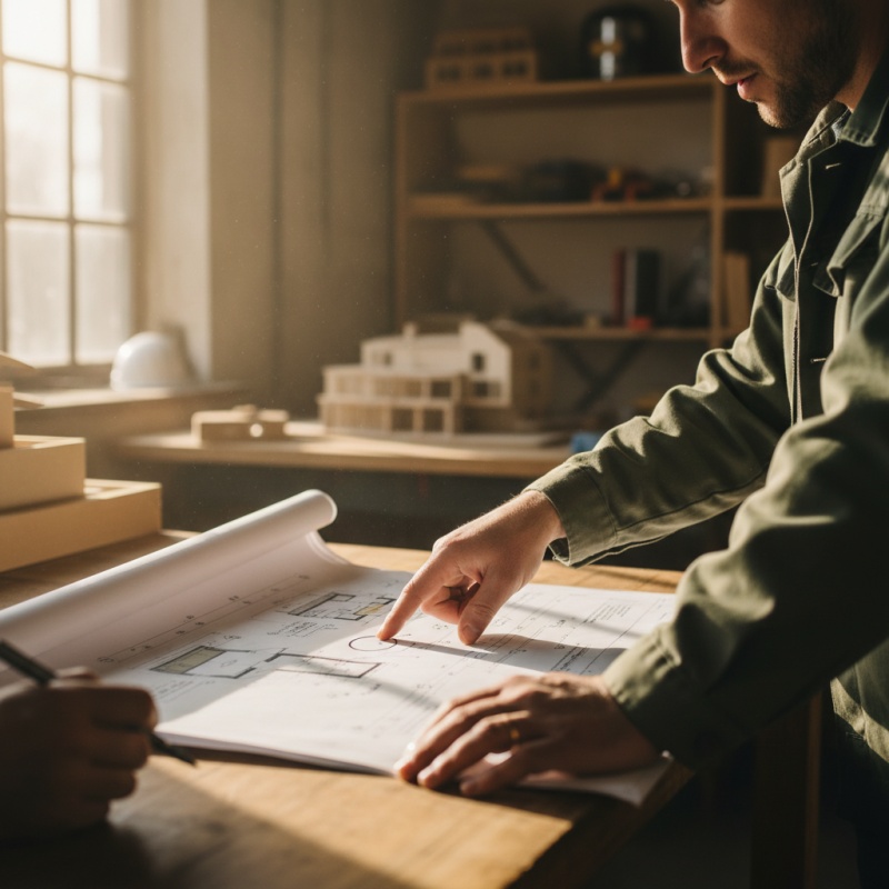 Gros plan sur les mains d'un expert RGE montrant un détail technique sur un plan de maison.