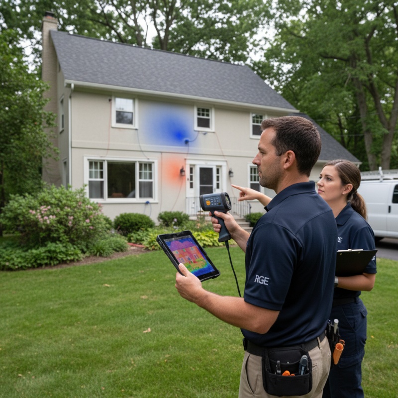 Technicien RGE réalisant un audit énergétique dans une maison individuelle