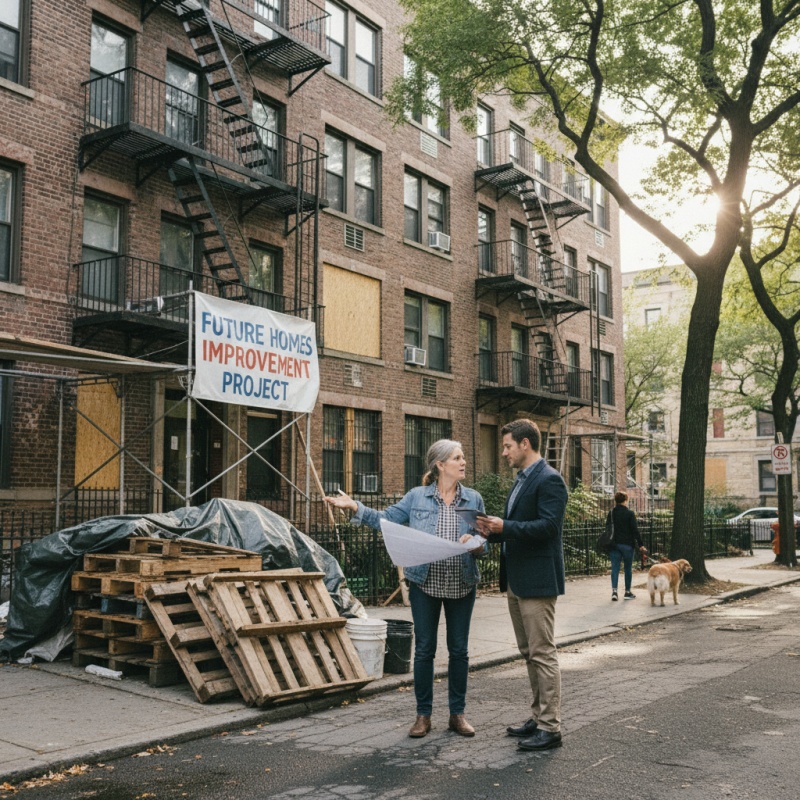 Expert AMO discutant du projet de rénovation énergétique avec un propriétaire unique devant son immeuble.