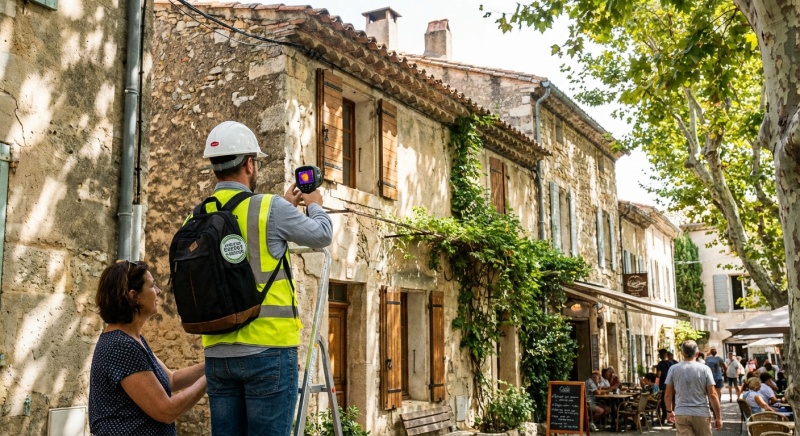 Expert réalisant un DPE collectif devant un immeuble ancien à Carcassonne