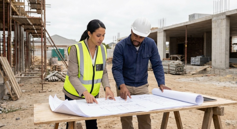 Réunion de chantier pour analyser les plans de rénovation énergétique d'une copropriété