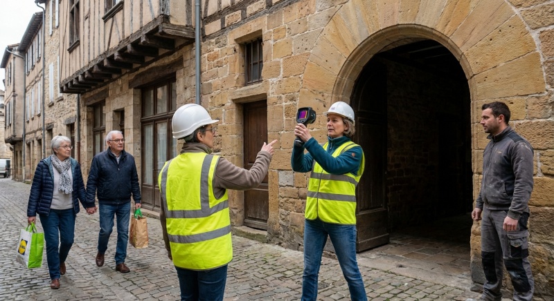 Expert RGE examinant la façade en pierre d'un immeuble ancien à Figeac pour un DPE collectif
