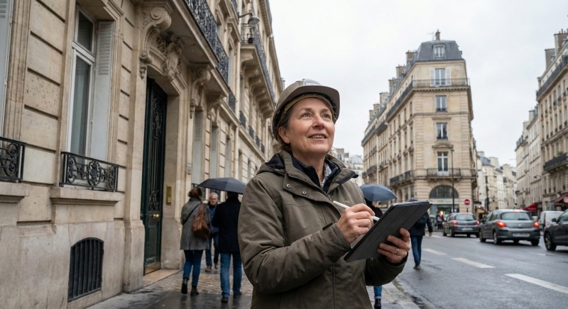 Expert réalisant un DPE collectif devant un immeuble haussmannien à Paris