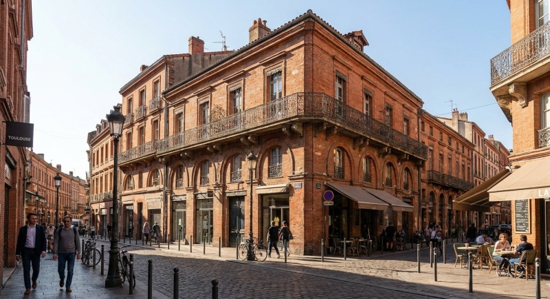 Façade d'immeuble en briques rouges typique de Toulouse pour un DPE collectif