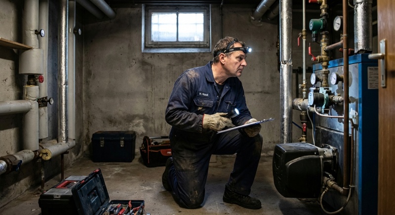 Technicien réalisant l'inspection de la chaufferie pour un DPE collectif