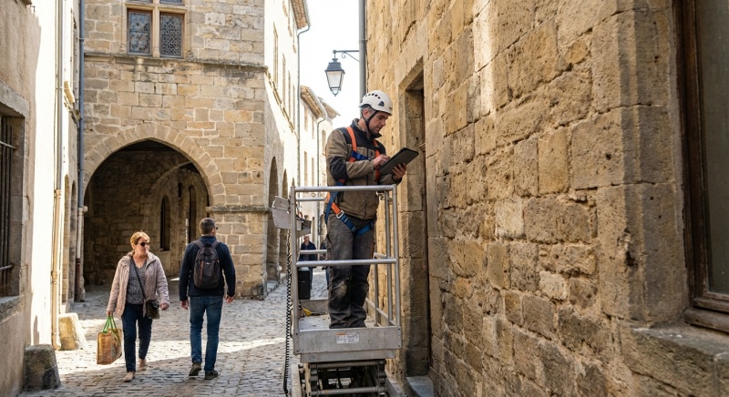 Technicien inspectant une façade en pierre dans le centre de Carcassonne pour un plan pluriannuel de travaux