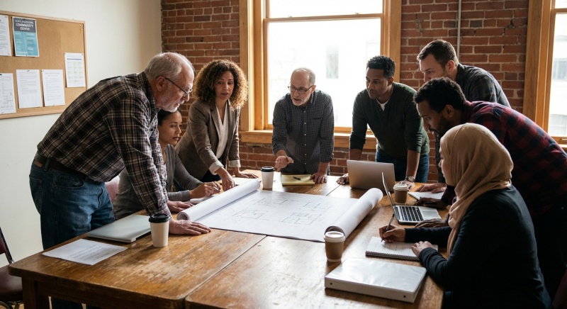 Réunion de copropriétaires à Carcassonne consultant un plan de travaux