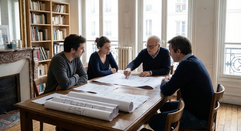 Réunion de copropriétaires à Paris discutant du plan pluriannuel de travaux autour d'une table
